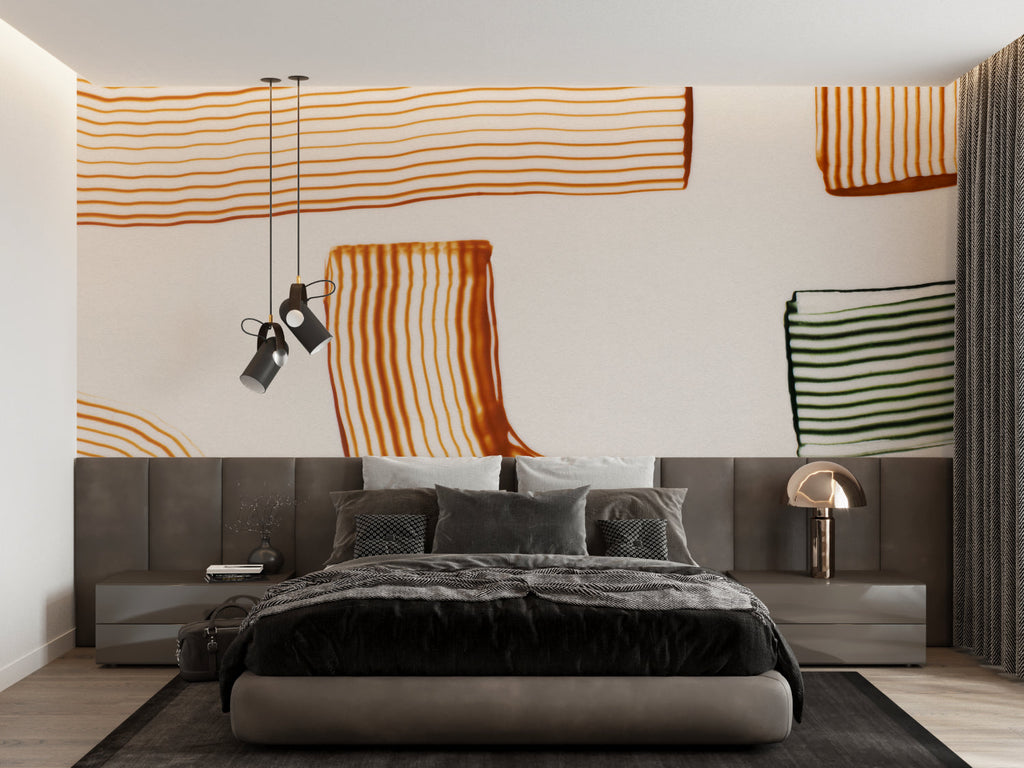 Abstract orange striped wallpaper bringing warmth to a contemporary dining room
