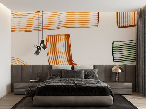 Abstract orange striped wallpaper bringing warmth to a contemporary dining room