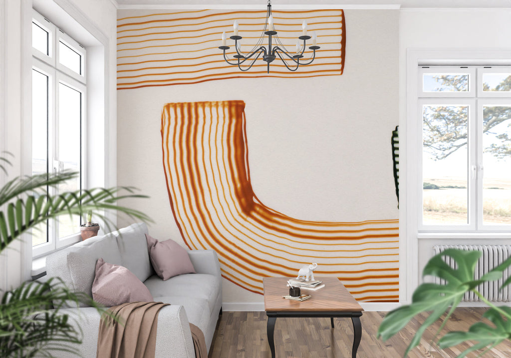 Abstract stripe mural creating flow in an open-plan kitchen area