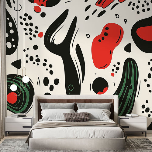 Modern abstract wallpaper creating bold statement in contemporary living room with minimal furniture and natural light