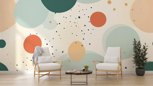 Modern abstract circle wallpaper in a bright living room, showing how pastel colors create a peaceful atmosphere