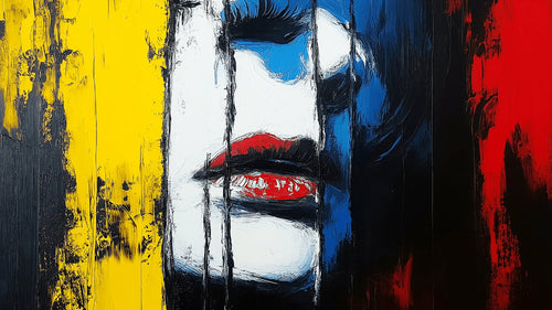 Abstract portrait wallpaper design file showing vibrant color composition with bold red lips and artistic strokes