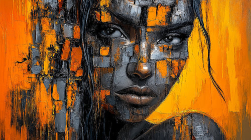 Modern portrait abstract design file showing intricate orange and black pattern details