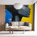 Modern portrait wallpaper creating dramatic impact in a minimalist living room with clean furniture and natural light