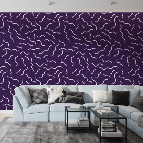 Modern purple wave pattern wallpaper showcased in a minimalist living room with contemporary furniture