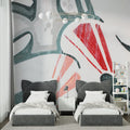 Modern Abstract Wallpaper in bright home office with natural light showing red and green geometric pattern