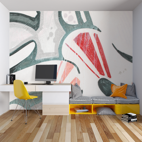 Abstract Wall Mural in contemporary living room with minimalist furniture