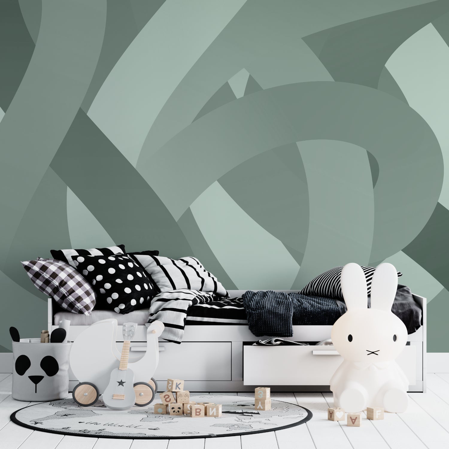 Modern geometric wallpaper in sage green showcased in a minimalist living room with natural light