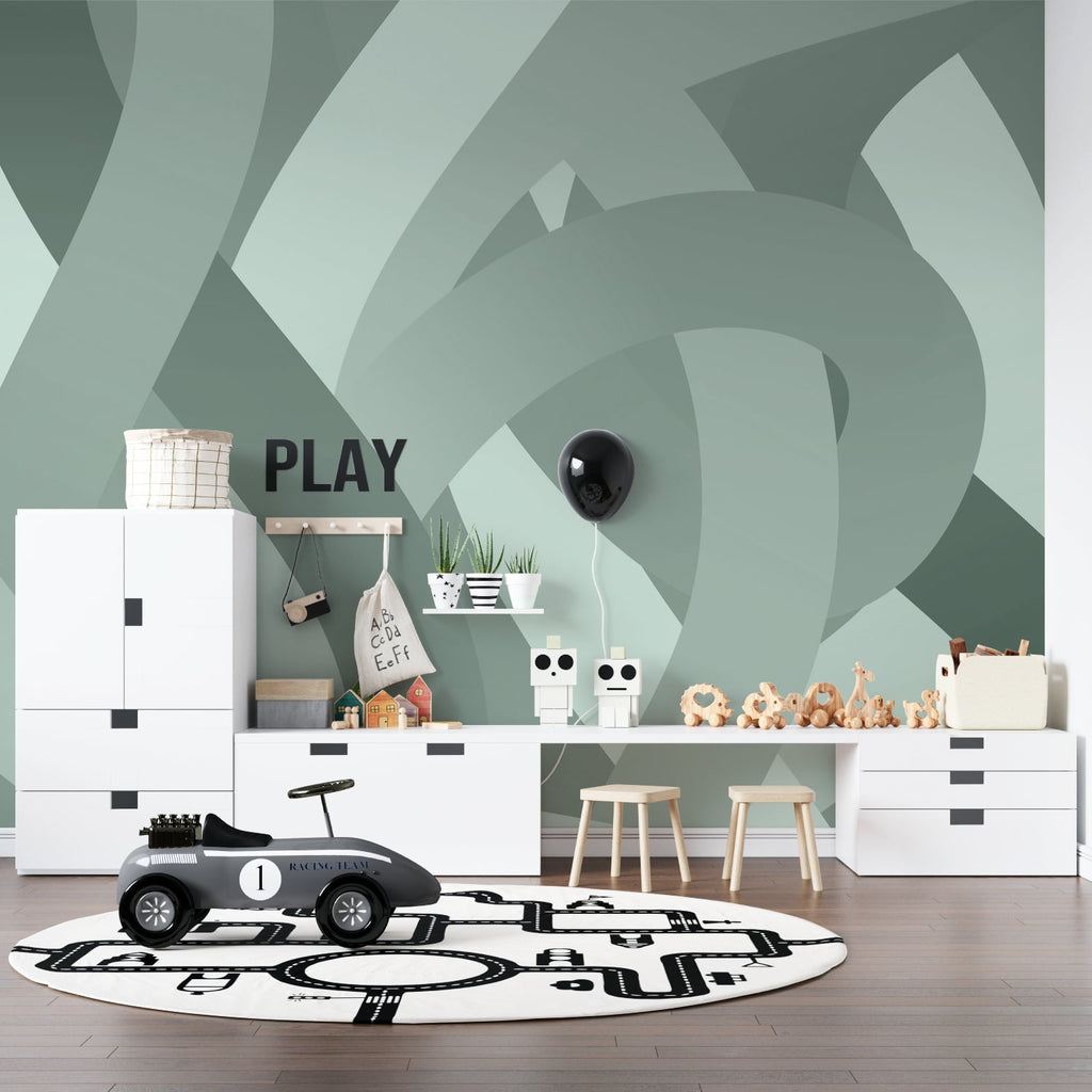 Geometric sage green mural making a statement in an elegant dining room