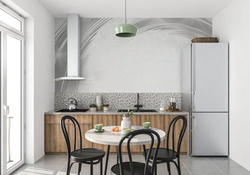 Abstract silver wallpaper creating depth in a minimalist bedroom setting