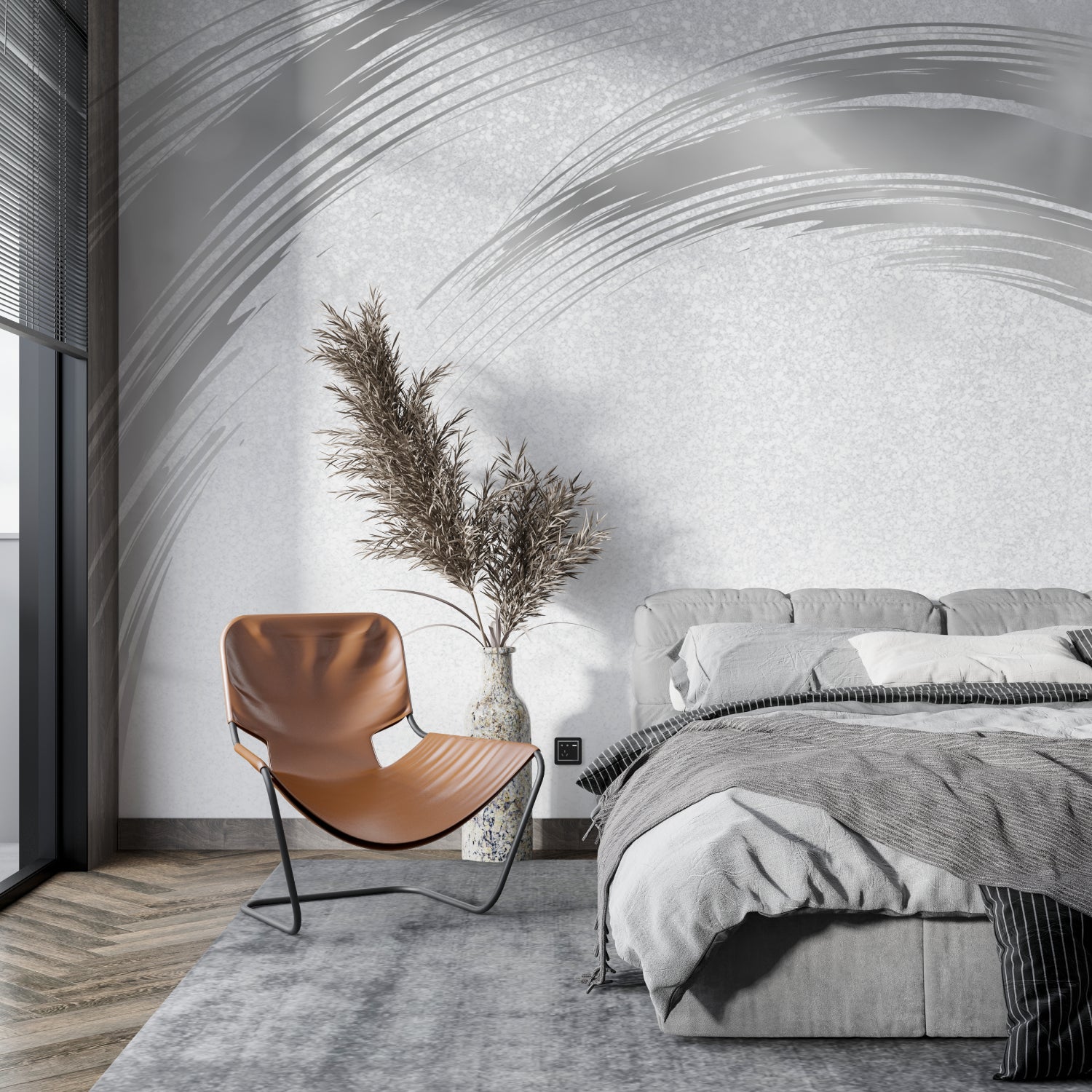 Grey brushstroke wallpaper making a statement in an elegant dining room