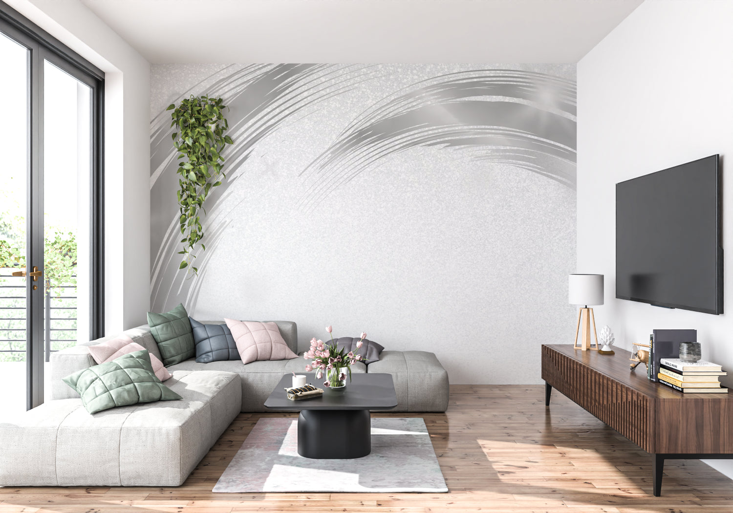 Abstract silver mural bringing movement to a contemporary hallway
