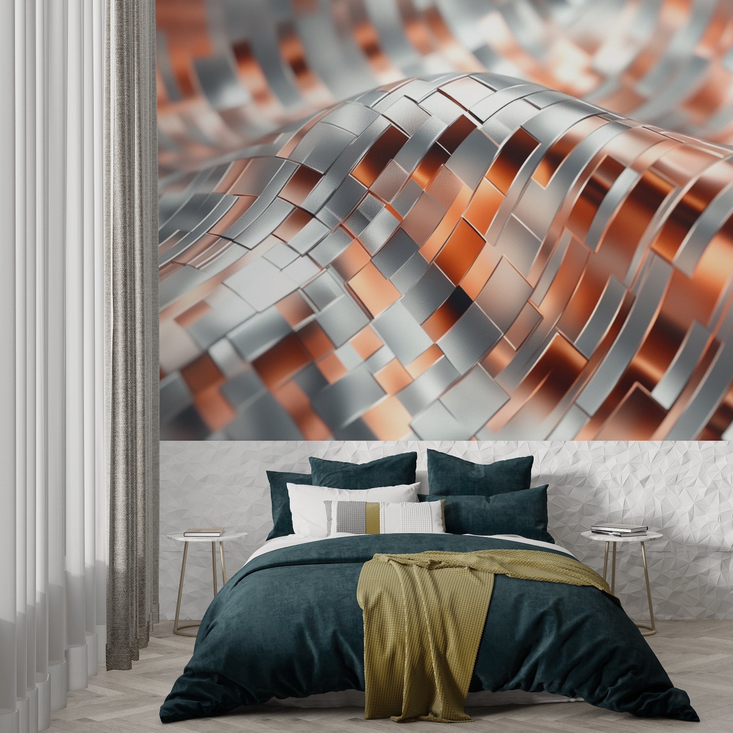 Abstract Wave Wallpaper in silver and terracotta tones brightening a home office