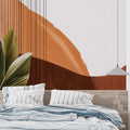 Modern terracotta abstract wallpaper in a bright living room with minimalist furniture