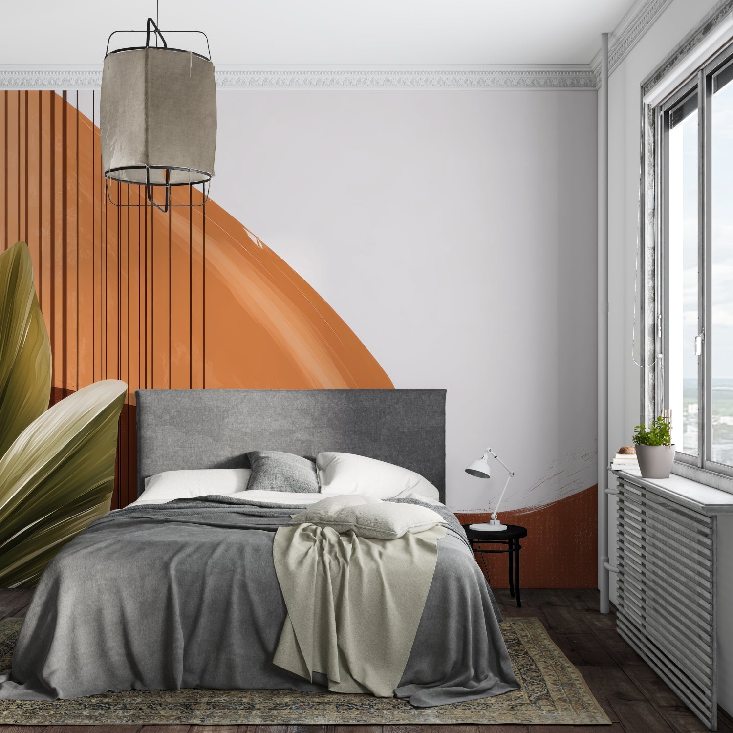 Abstract curved lines wallpaper creating flow in a contemporary dining space