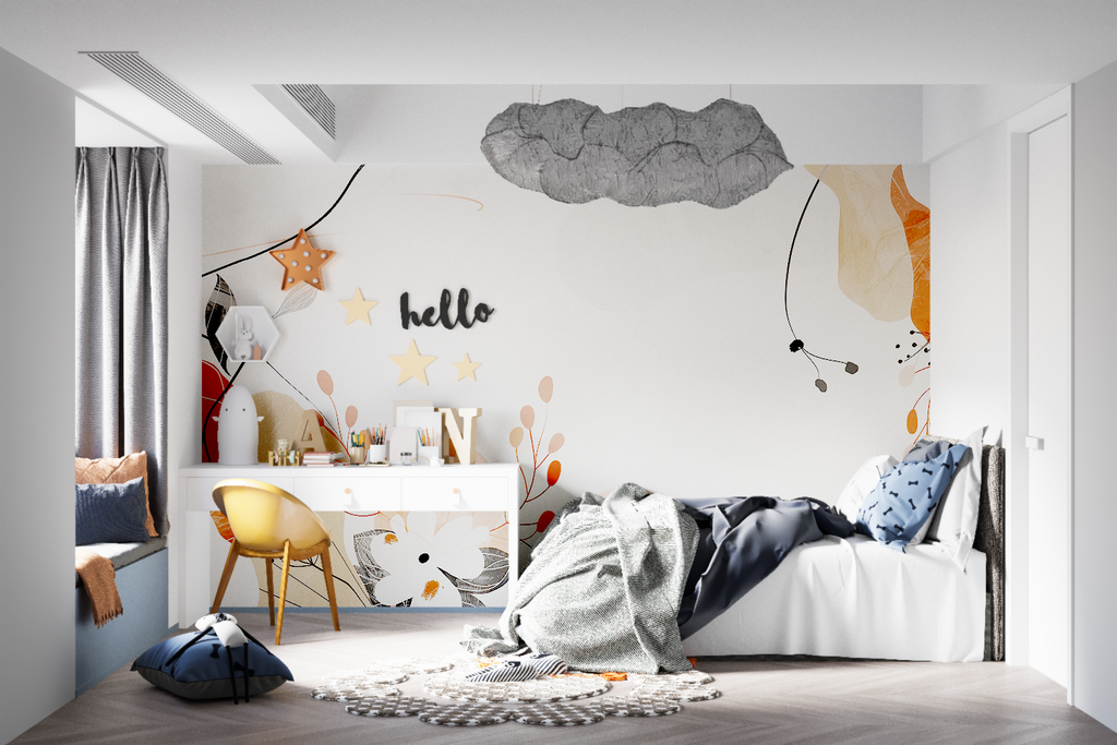 Abstract line art wallpaper in hallway with warm lighting