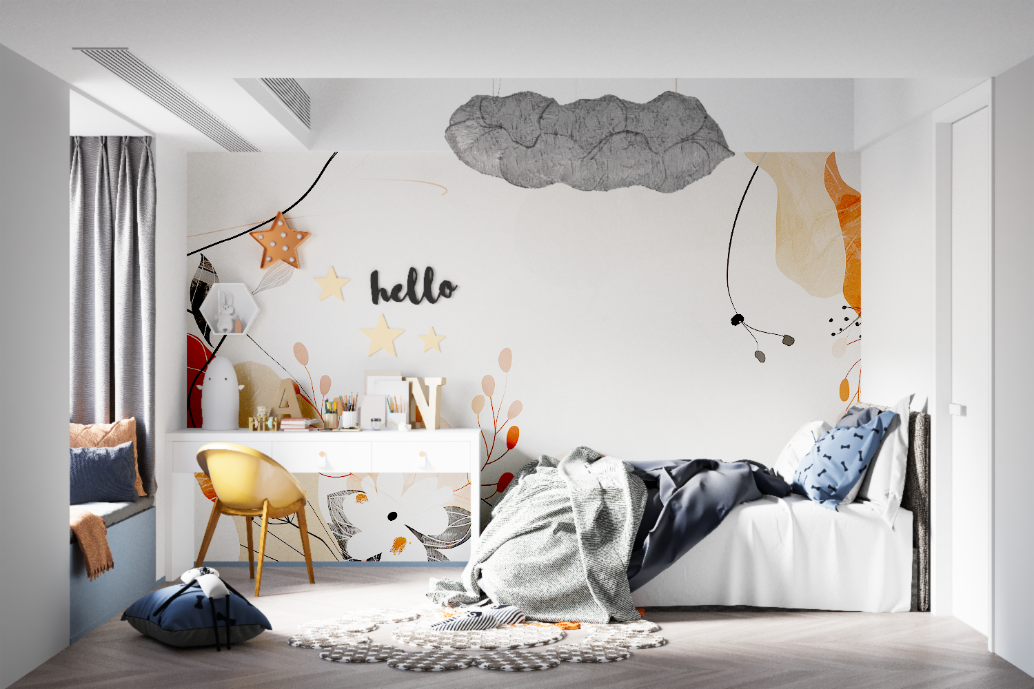 Abstract line art wallpaper in hallway with warm lighting