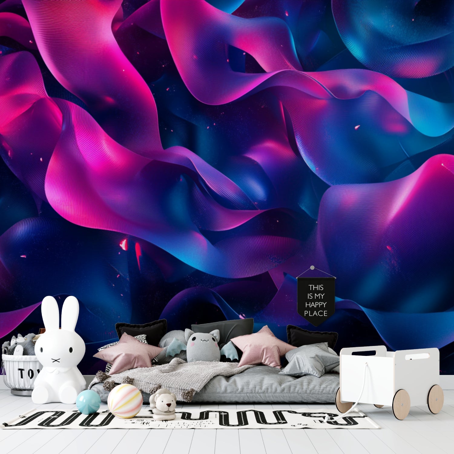 Pink and blue wave pattern wallpaper making a statement in a modern bedroom