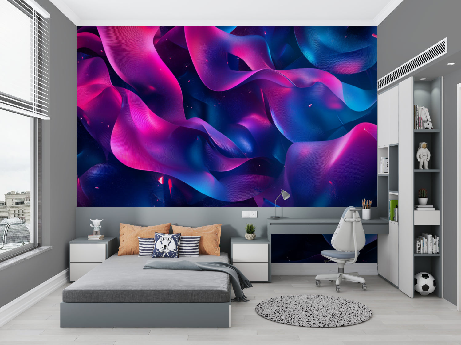 Abstract pink and blue wallpaper creating flow in an entrance hall