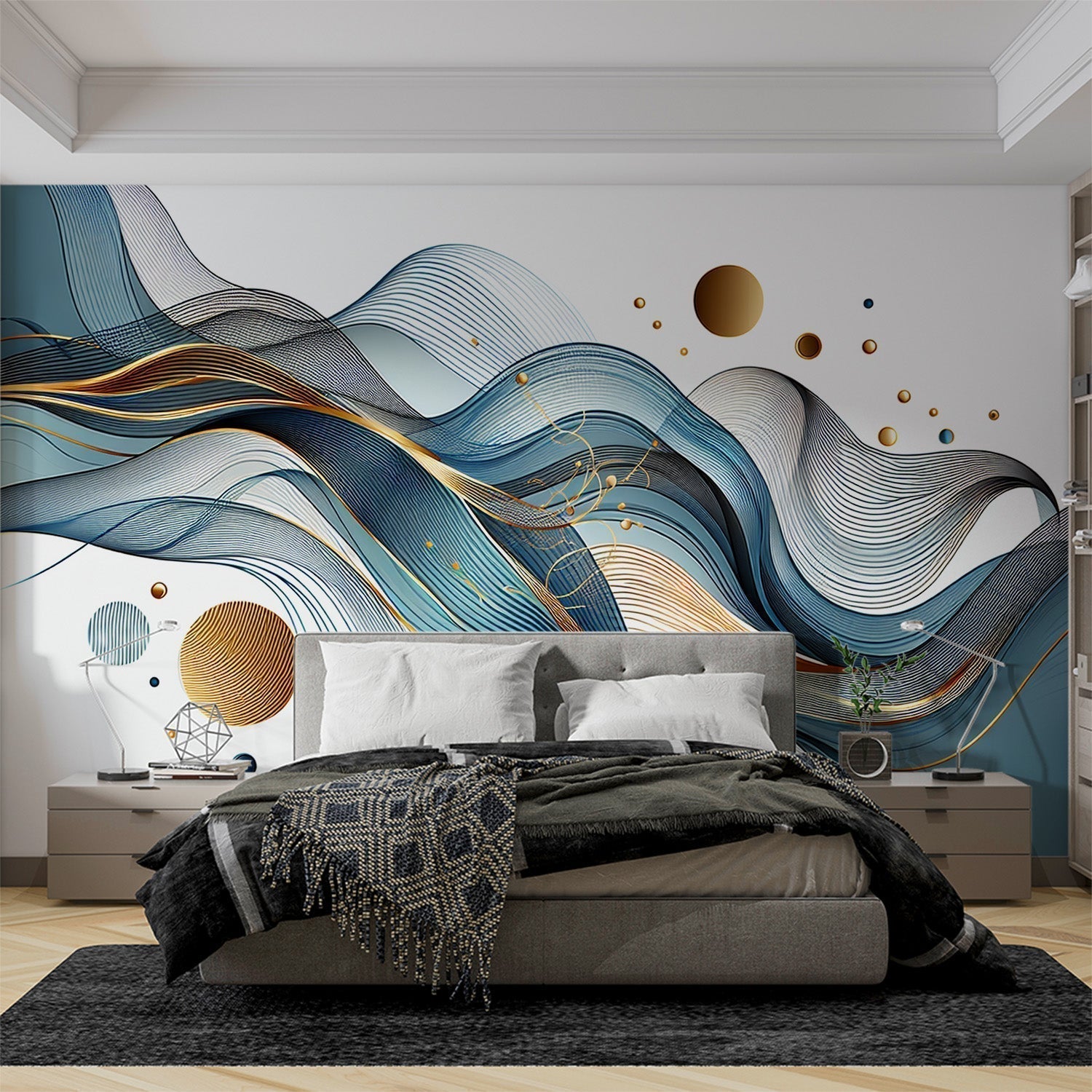 Modern abstract wave wallpaper with gold accents styled in a bright contemporary living room with minimal furniture