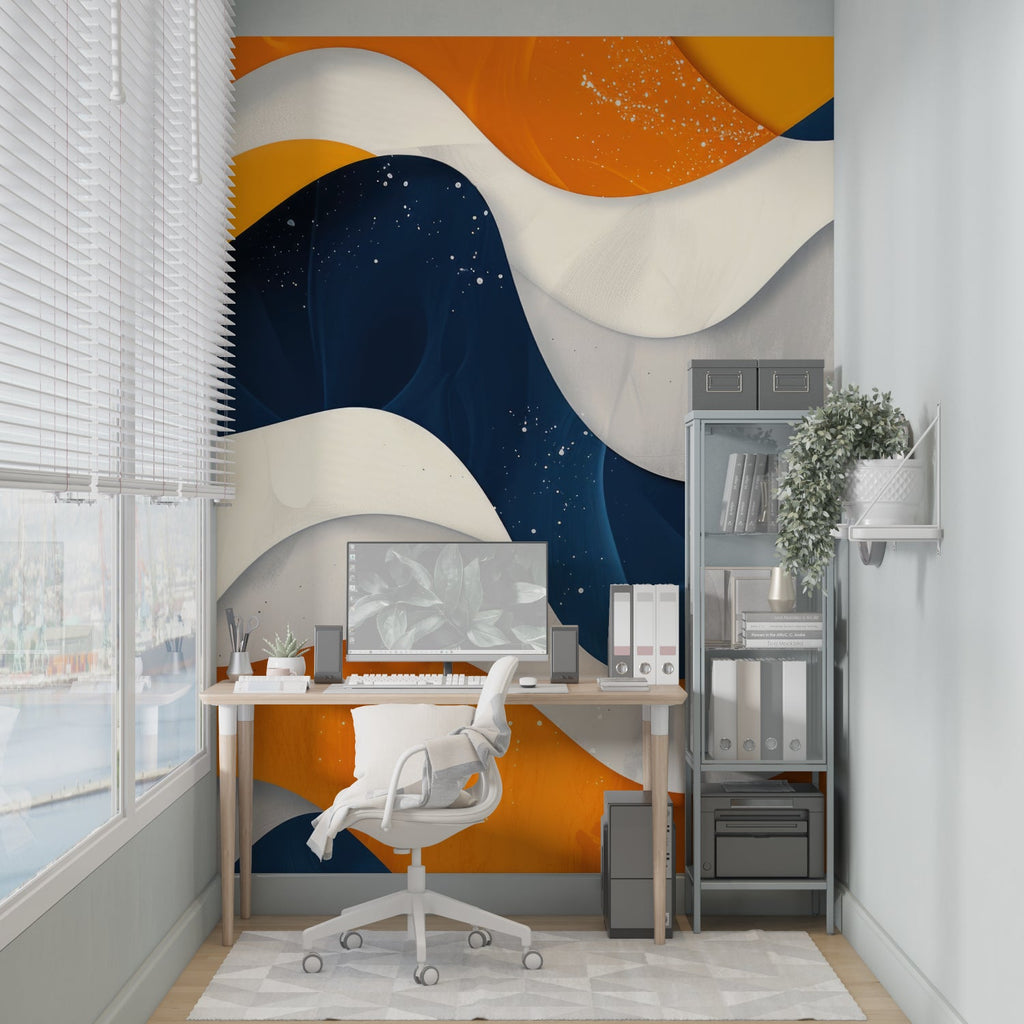 Abstract wave wallpaper bringing movement to a sleek bedroom interior