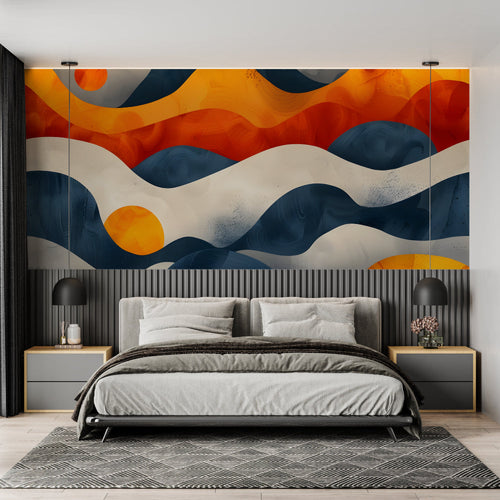 Modern wave pattern wallpaper creating a striking focal point in a minimalist living room with navy and orange accents
