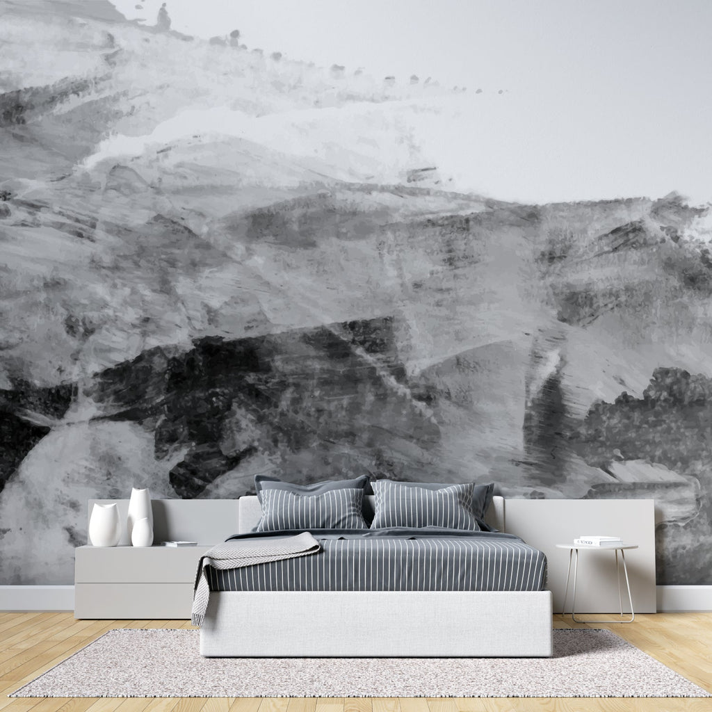 Mountain landscape wallpaper creating dramatic effect in home office space