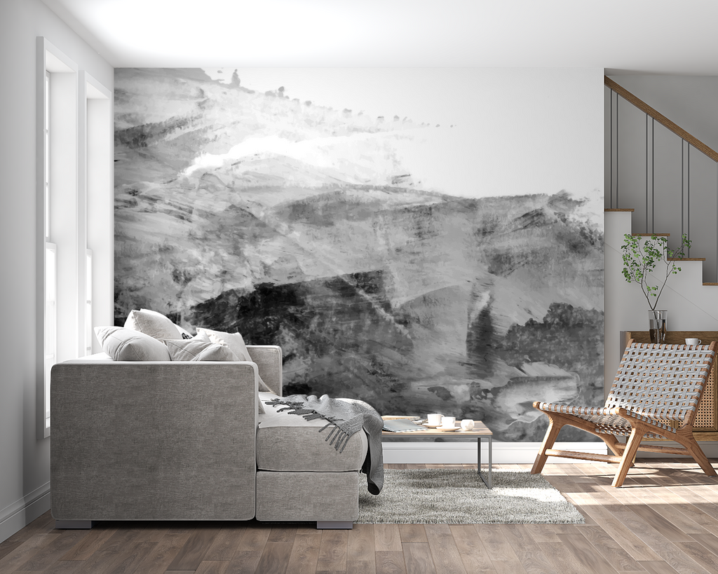 Abstract mountain mural showcasing scale in modern hallway setting