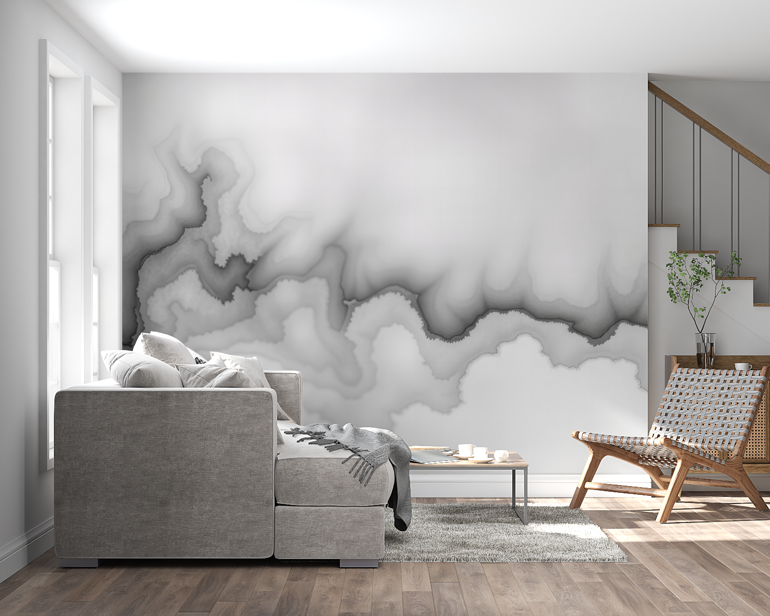 Abstract grey mural wallpaper making a statement in a minimalist dining room setting