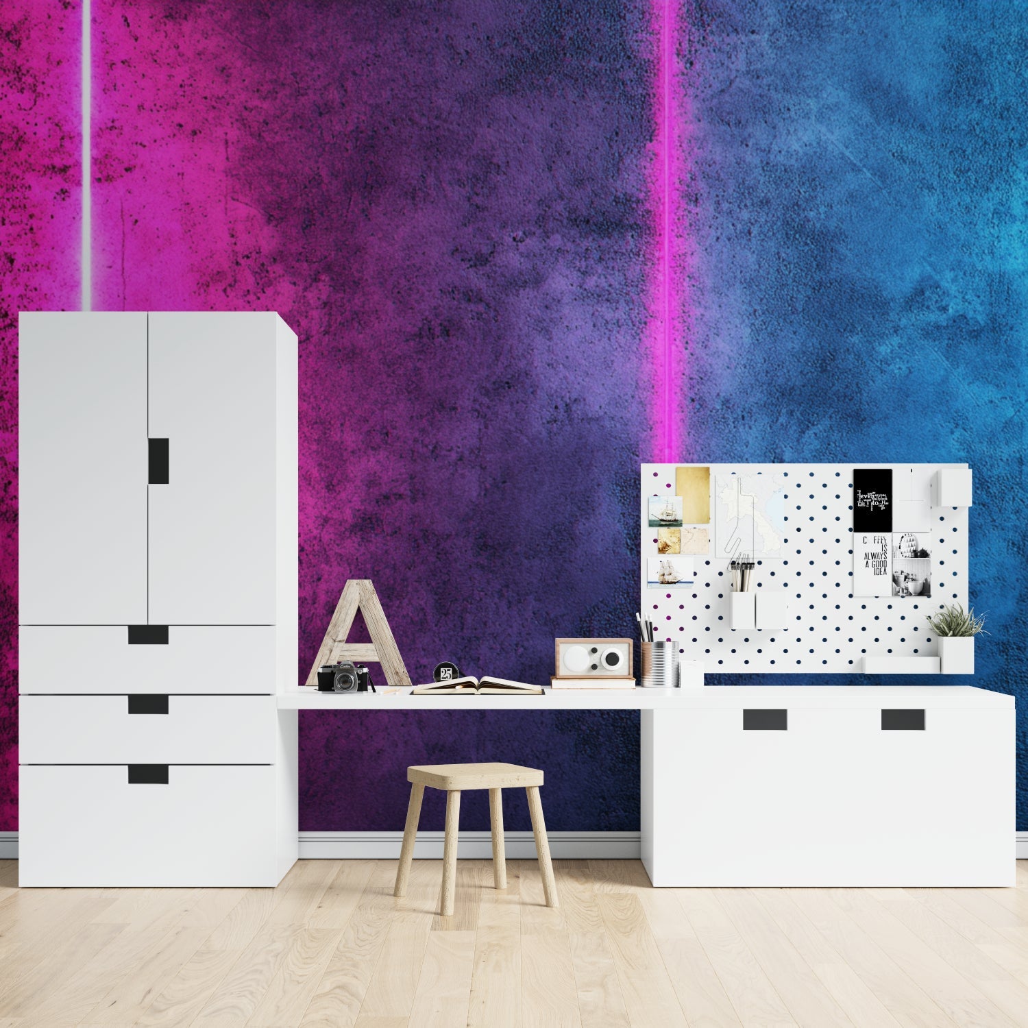 Abstract neon light beam wallpaper transforming a gaming room with pink and purple glow