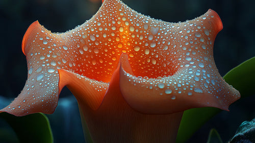 Abstract orange flower design file showing intricate water drop details and teal background
