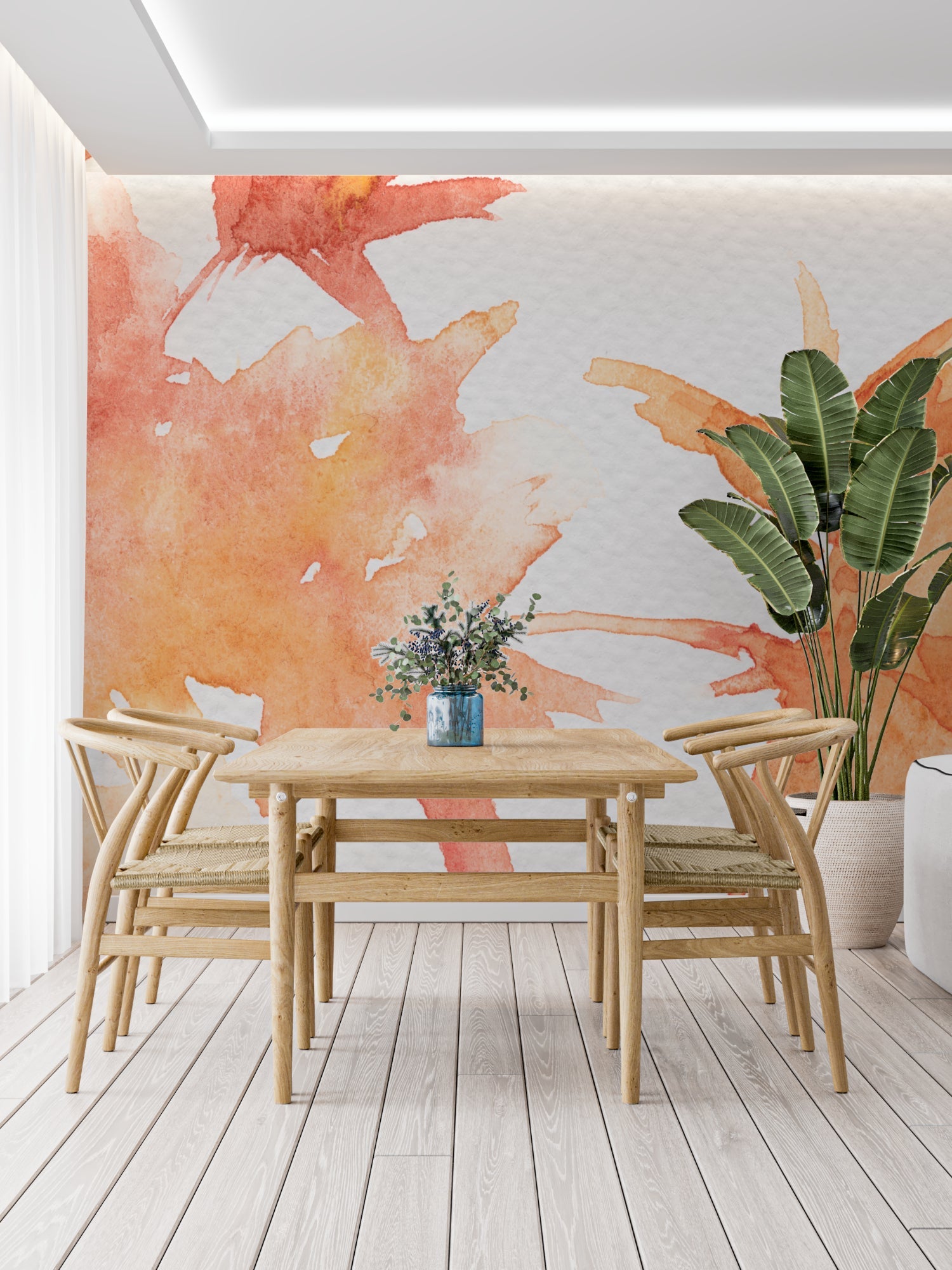 Abstract orange splash design creating depth in a stylish entrance hall