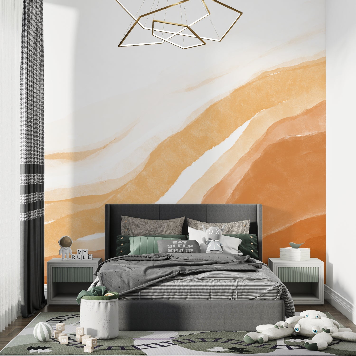 Watercolor wave wallpaper creating warm atmosphere in minimalist dining room