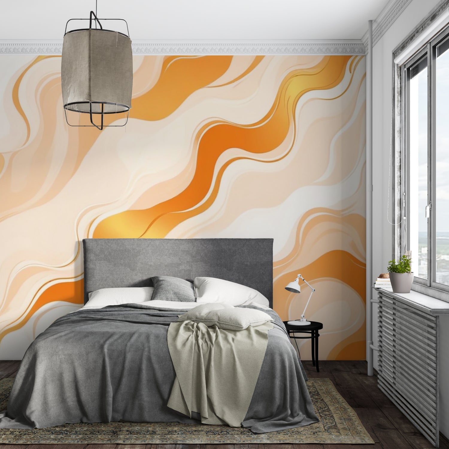 Modern wave pattern feature wall in hallway with natural lighting