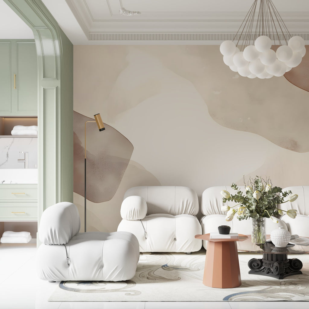 Organic line wallpaper installation in bright home office showing scale