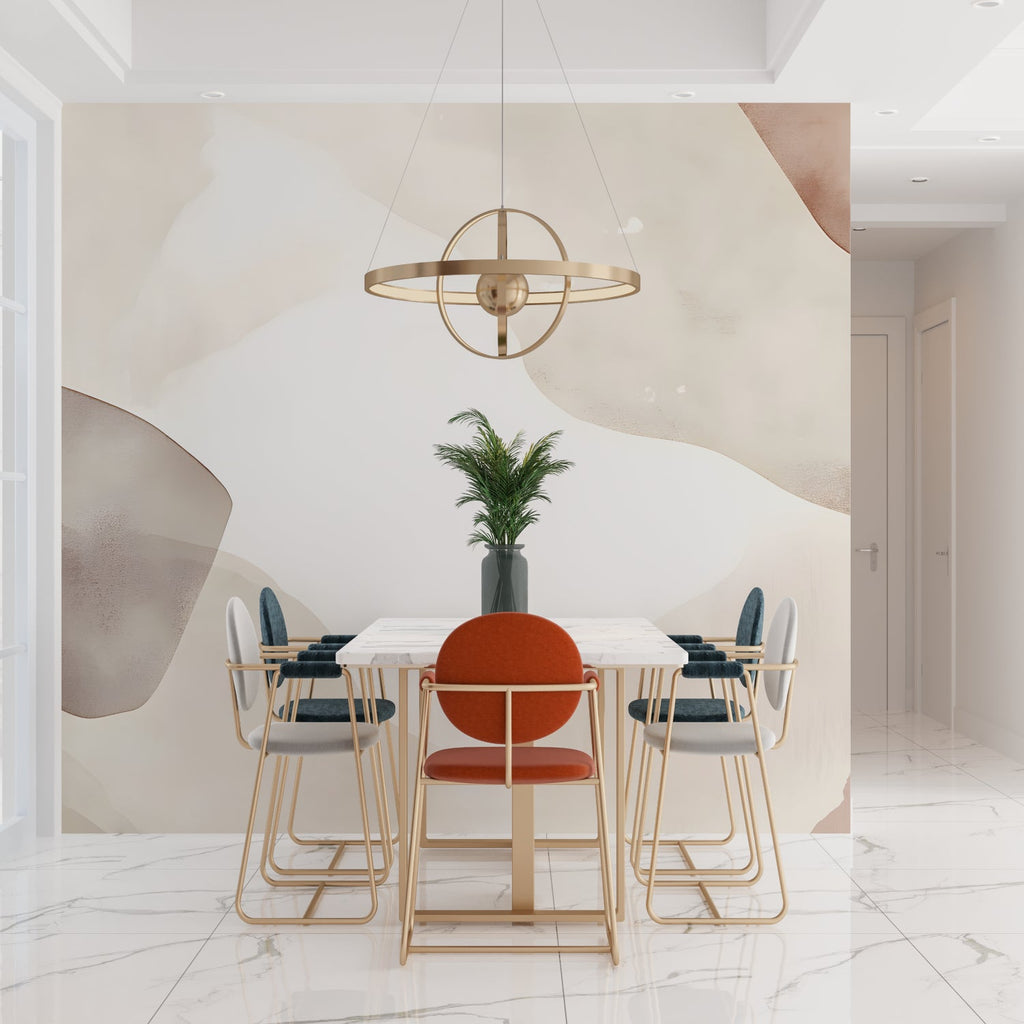 Abstract curved pattern mural in dining room with natural lighting