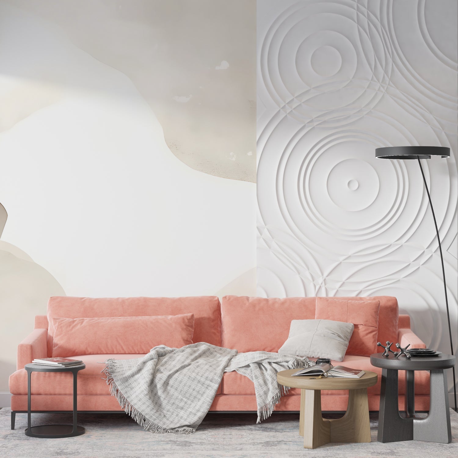 Beige organic wallpaper creating calm atmosphere in master bedroom
