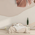 Abstract terracotta leaf wallpaper creating a warm atmosphere in a modern living room
