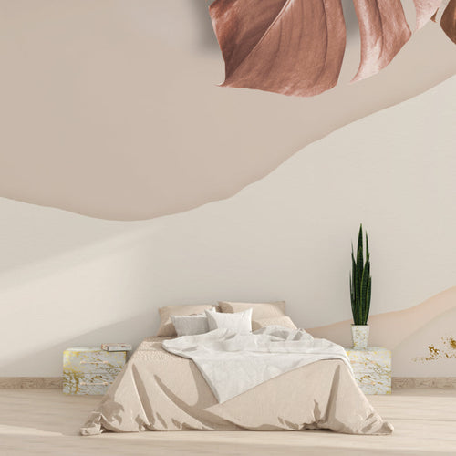 Abstract terracotta leaf wallpaper creating a warm atmosphere in a modern living room