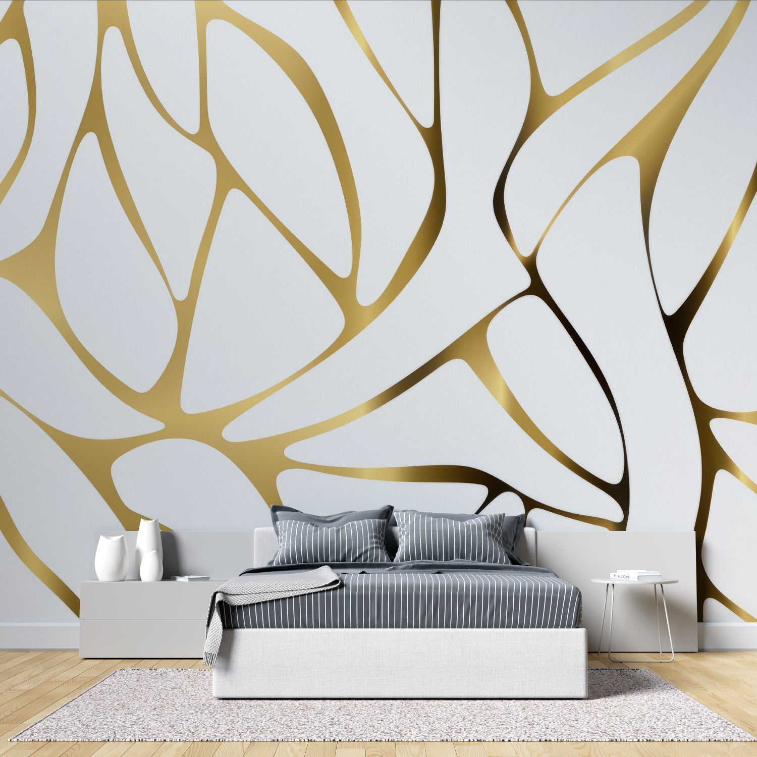 Modern living room with abstract gold line wallpaper creating an elegant backdrop for grey sofa and contemporary furniture