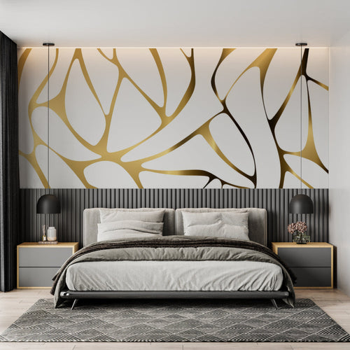 Dining room featuring organic gold line wallpaper that catches light beautifully during daytime meals
