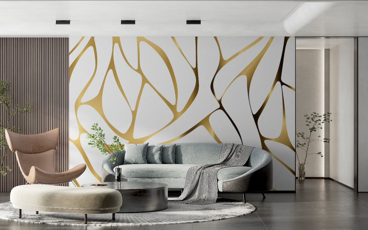 Home office with white and gold abstract wallpaper making the workspace feel open and inspiring