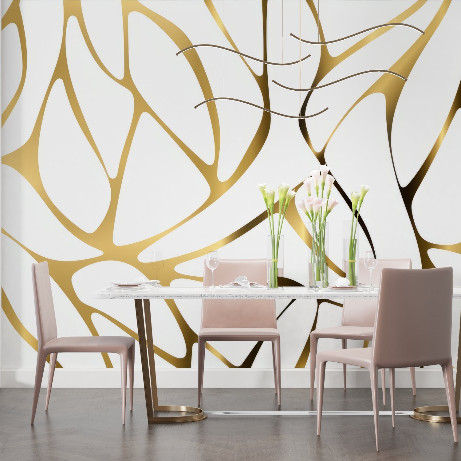 Hallway transformed by abstract gold wallpaper, making the narrow space feel wider and brighter
