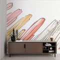 Abstract brushstroke wallpaper creating a peaceful atmosphere in a modern living room with natural light