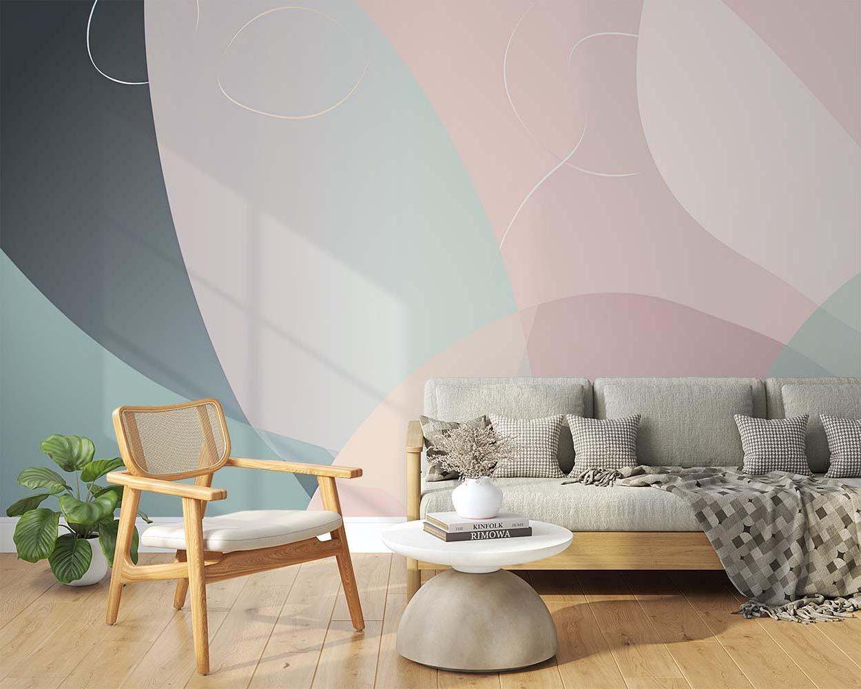 Abstract geometric wallpaper in modern living room with light furniture and natural lighting