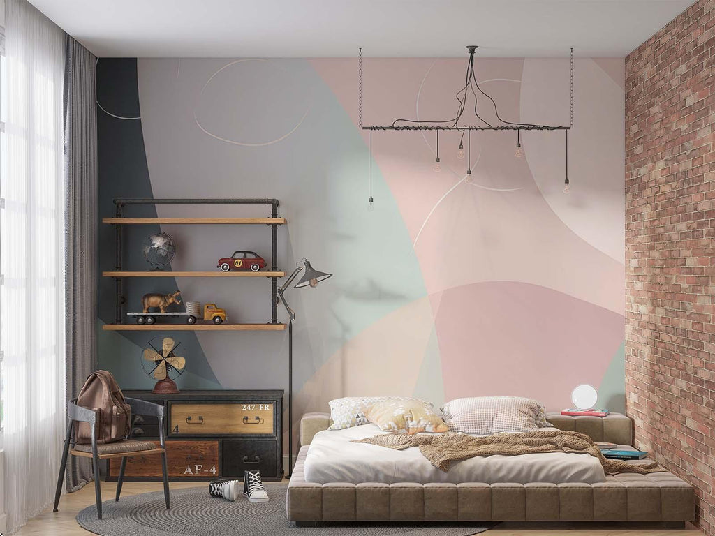 Modern abstract wallpaper featuring curved shapes in home office space