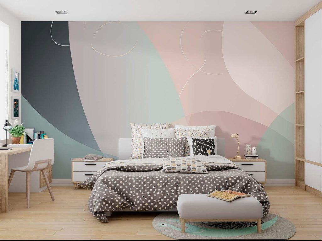 Geometric curved wallpaper in dining room with contemporary furniture