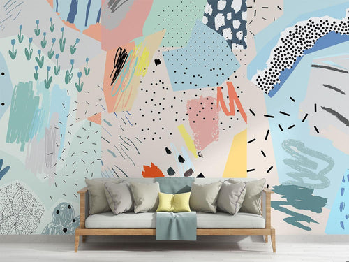 Modern geometric wallpaper in bright home office with natural light showing pastel pattern