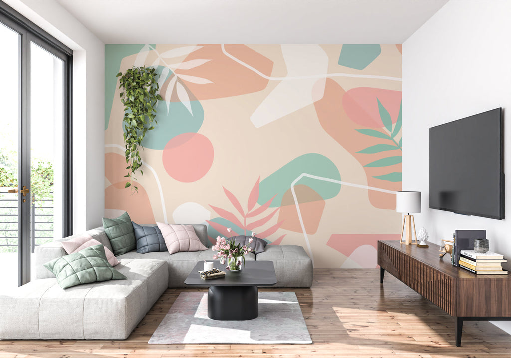 Home office space with Pastel Tropical Wallpaper creating a fresh modern look