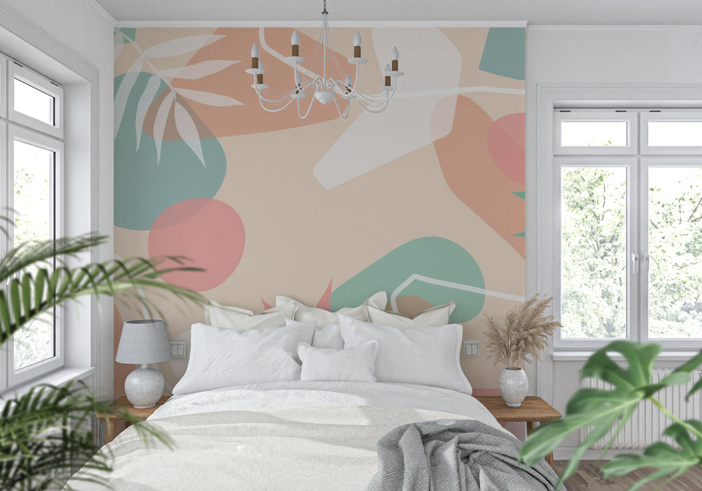 Dining area showcasing Abstract Leaf Wallpaper in soft beige and mint colors